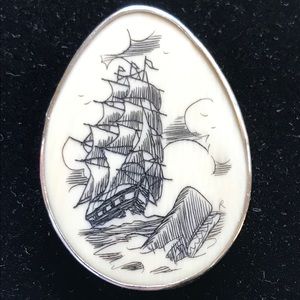 Sterling Scrimshaw  Ship Brooch by R